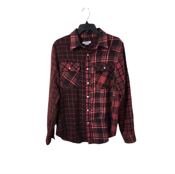 Re/Done 50s Upcycled Flannel Shirt Assorted Ruby Medium Plaid Pearl Snap - Picture 1 of 9